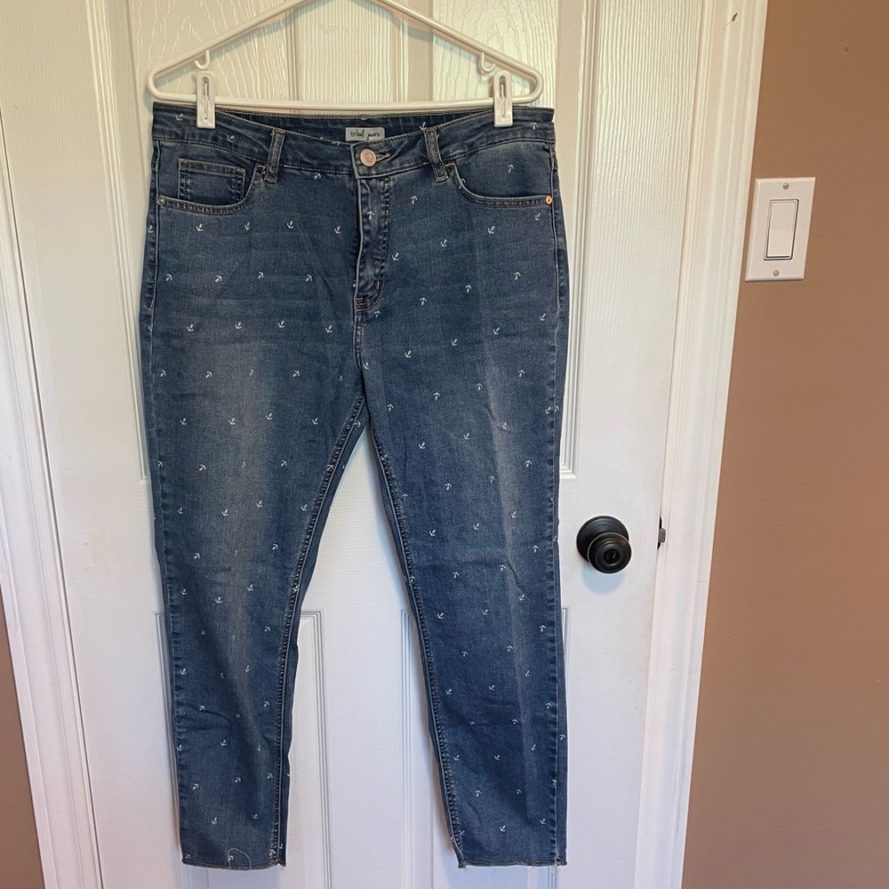 Women's Blue Tribal Jean/ Jeggings with small anchor embellishments